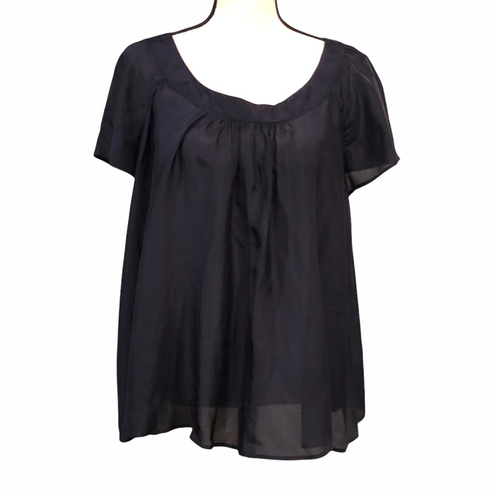 EMPORIO ARMANI NAVY SILK FLUTTER SLEEVE LOOSE FIT BLOUSE